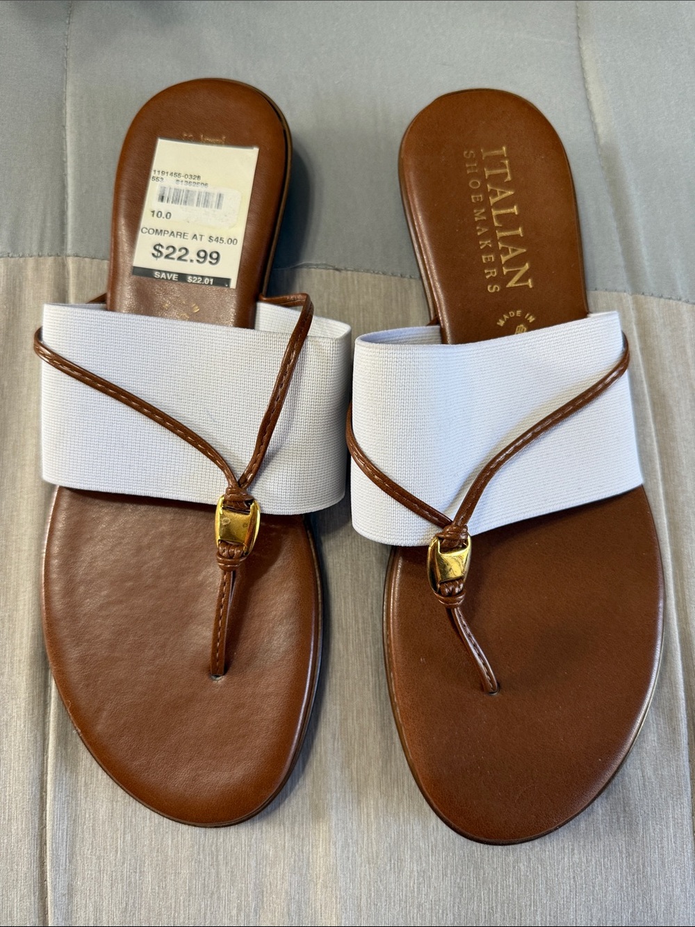 Italian Shoemakers White Elastic Strap Brown Leather Thong Sandals Size 10